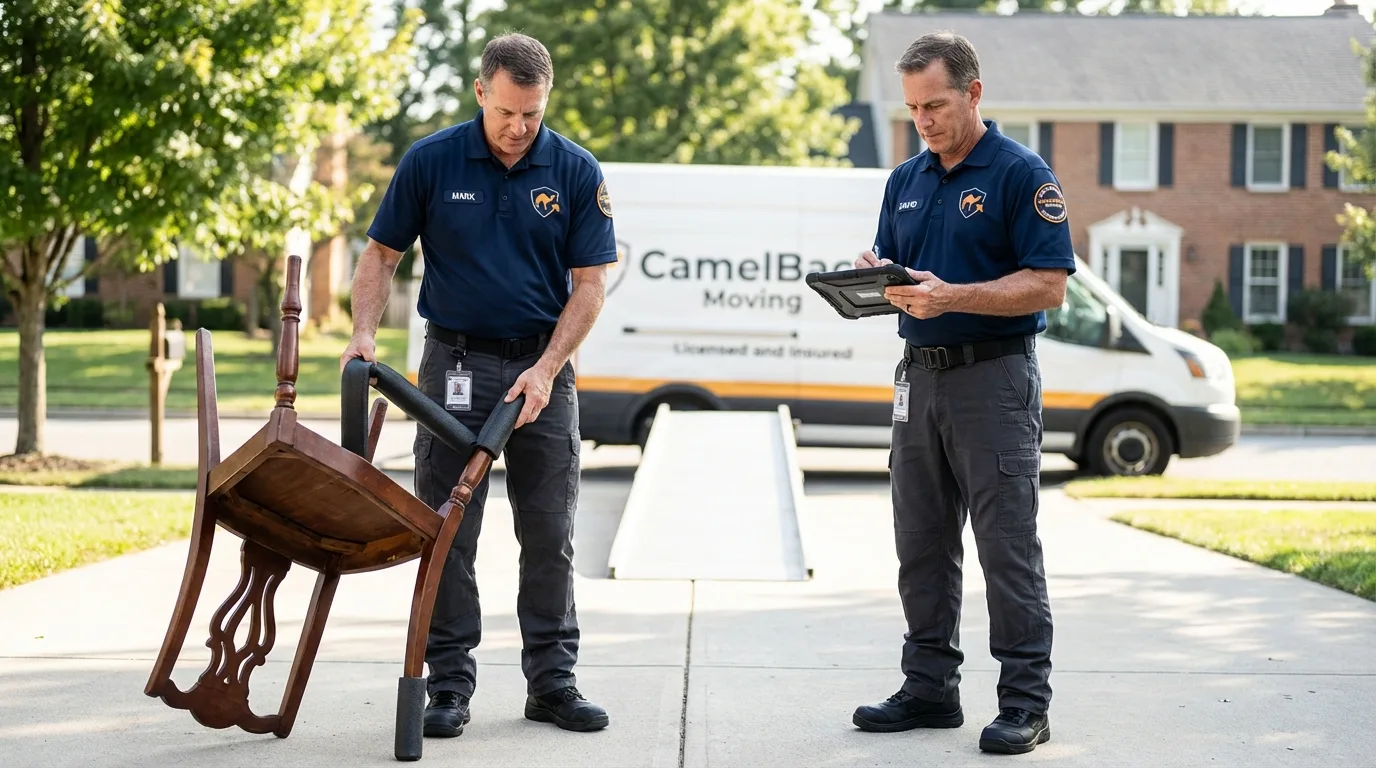 Movers inspecting furniture for damage prevention before loading in Lemont, PA