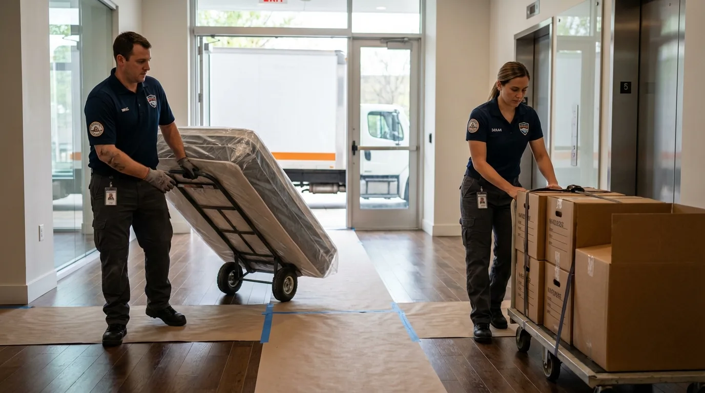 Professional apartment movers loading elevator in Lemont, PA